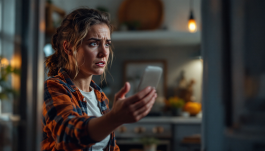 Concerned young woman in a plaid shirt holding up her smartphone in a home kitchen